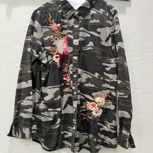Soft Surroundings Camouflage Shirt with Floral Embroidered Flowers